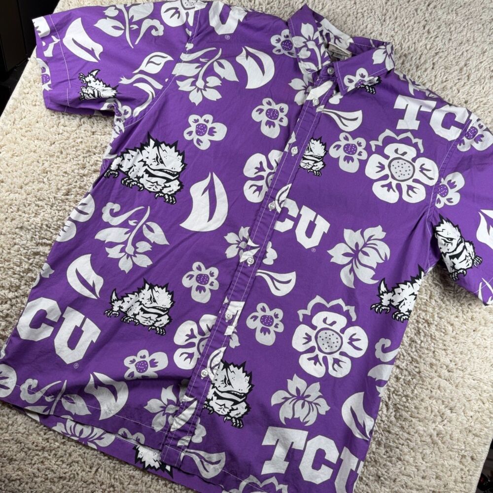 Wes & Willy TCU Horned Frogs Purple Hawaiian Floral Button Down Shirt Men’s L